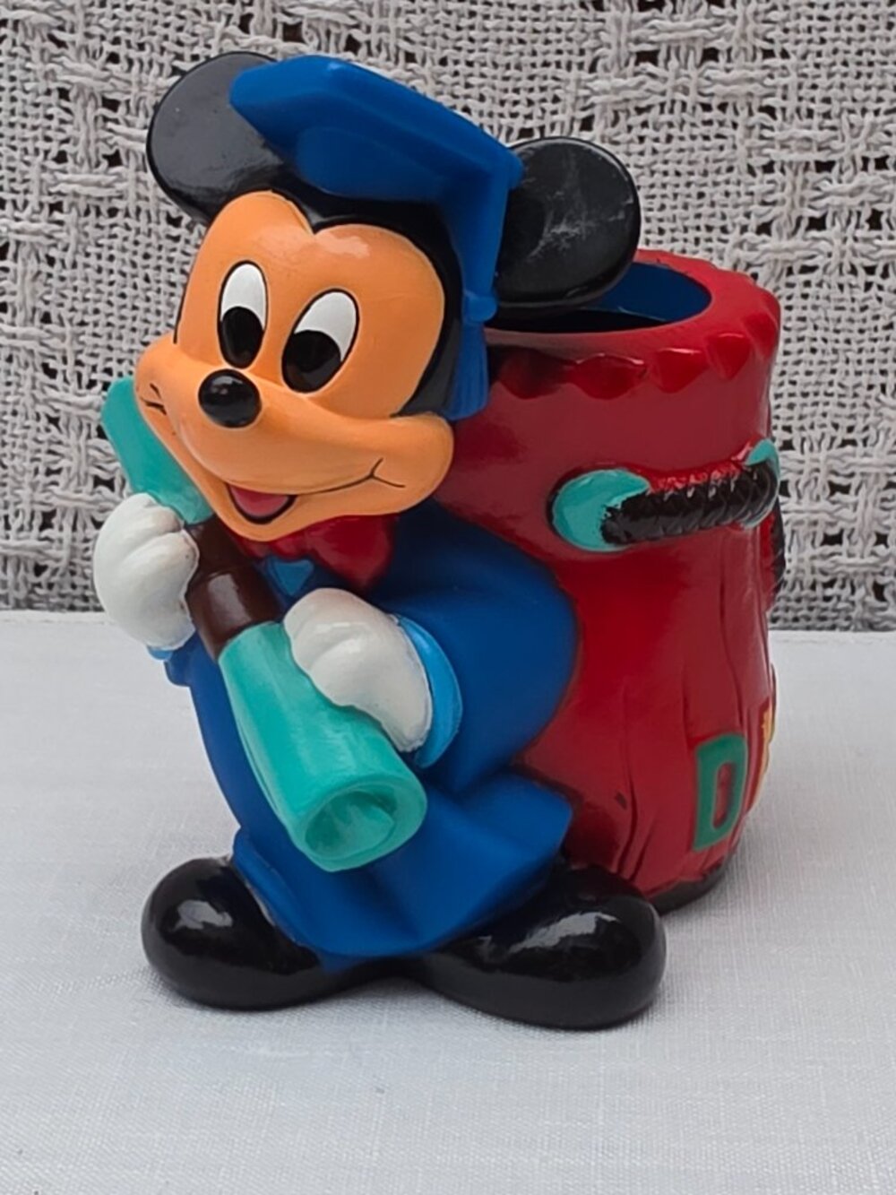 Vtg Disney Mickey Mouse Graduation Pencil Holder Desk Organizer 1980s PVC Vinyl